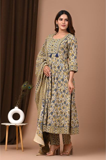 Beige cotton Anarkali suit
