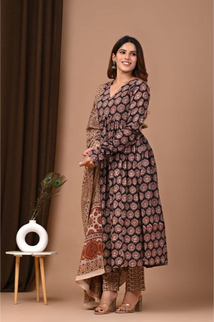 Black block cotton Anarkali suits