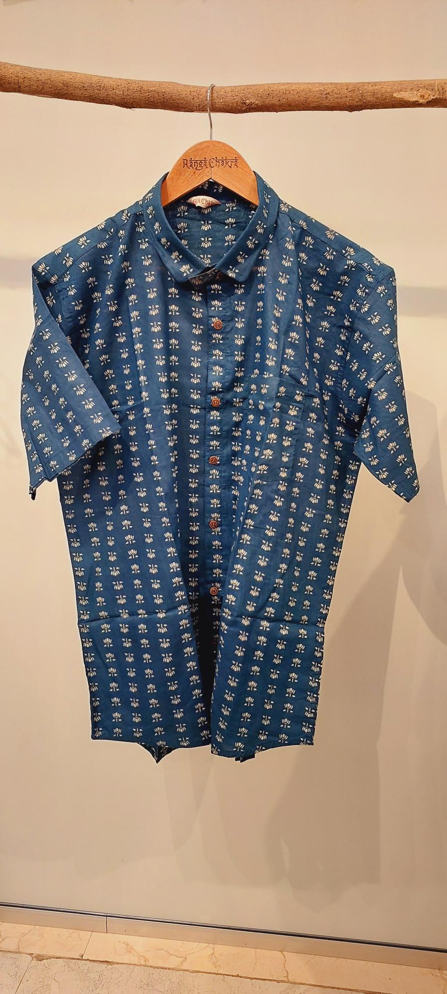 Indigo Lotus Cotton Mens Slim fit Shirt, Mul Mul Cotton Mens shirt, Mens Block Printed shirt, Slim Fit Shirts, Beach wear Mens shirt, abstract print mens shirt, flower shirt , lotus print on shirt, blue Lotus Block print Shirt, Neel Kamal Shirt