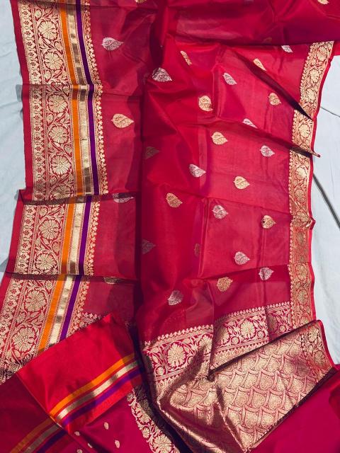 Shop our Hand-Painted Bridal Red Organza Silk Saree. A crimson masterpiece in pure organza silk, featuring artisan floral motifs for the modern, elegant bride. Elevate your wedding look with The Crimson Muse. This hand-woven bridal red organza silk saree combines heritage artistry with lightweight luxury. Perfect for brides seeking a one-of-a-kind, artisan-crafted masterpiece for their special day.