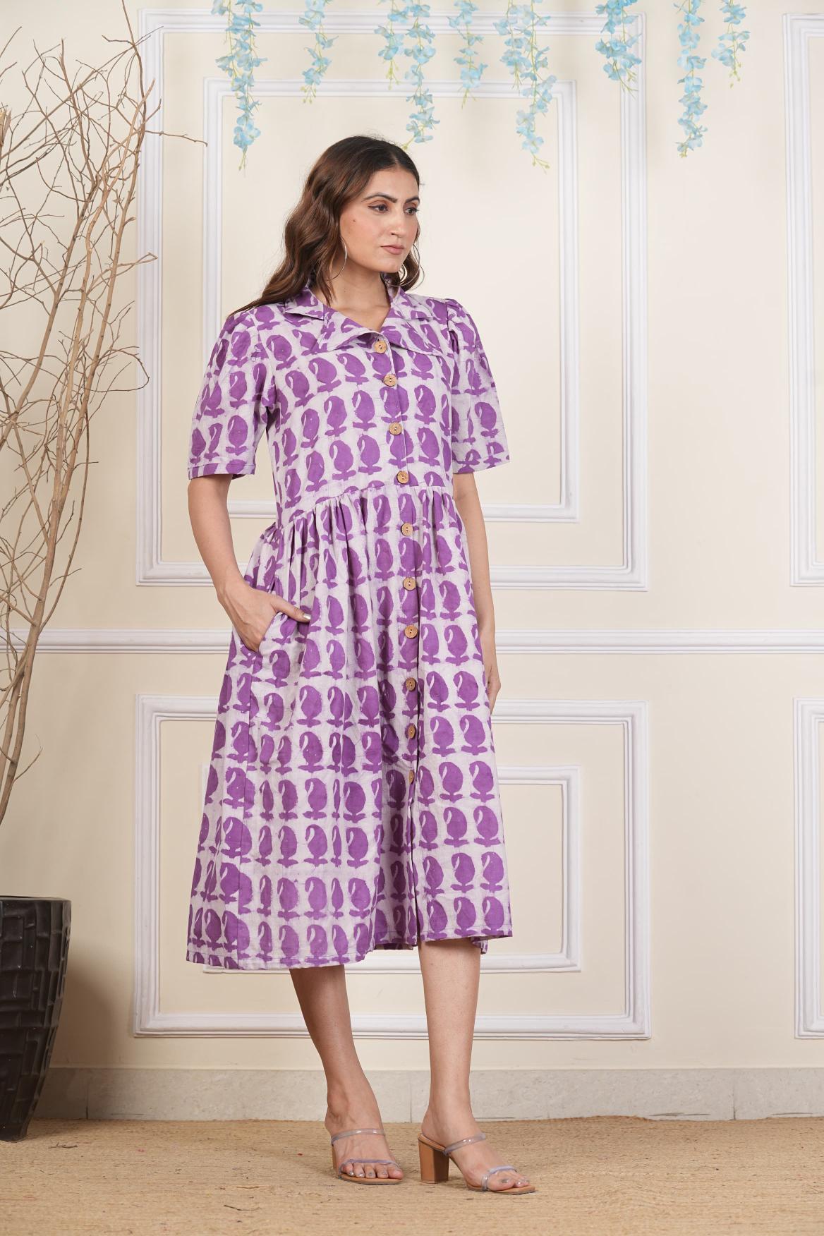 Purple Paisley Cotton dress,Feather prints, Pure cotton Dress, sustainable dresses, Hand loom dresses, Indigo dresses, Block printed Dress, Monson Dresses, Gerua dress, , feather printed Dress, Puffed sleeve dress, Matte Red cotton dress, Orange dress, Pocket dress, One piece Dress, Cotton Dress, Collar dress,, Summer dress, , Kalamkari Dress