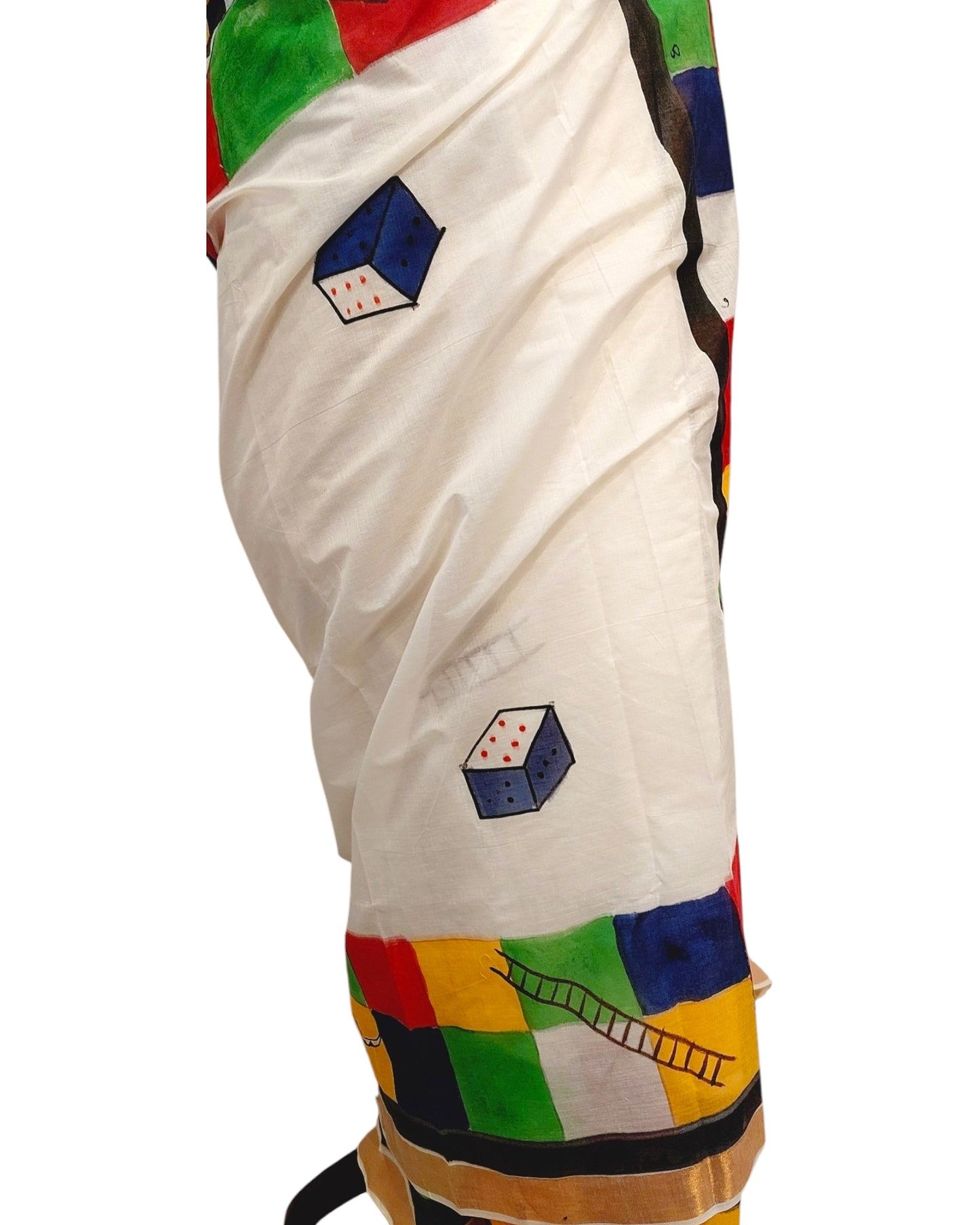 Snakes and ladder saree, Quirky Saree, Summer Sarees, Painted saree, Painting saree, Fabric Painting saree, Hand painted saree, Funky saree, Handmade Sarees, Concept Saree, Game painted saree