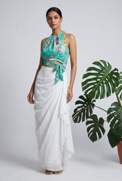 Vibrant tropical print vacation outfit. Georgette wrap skirt and crisscross halter top. Lightweight co-ord set."