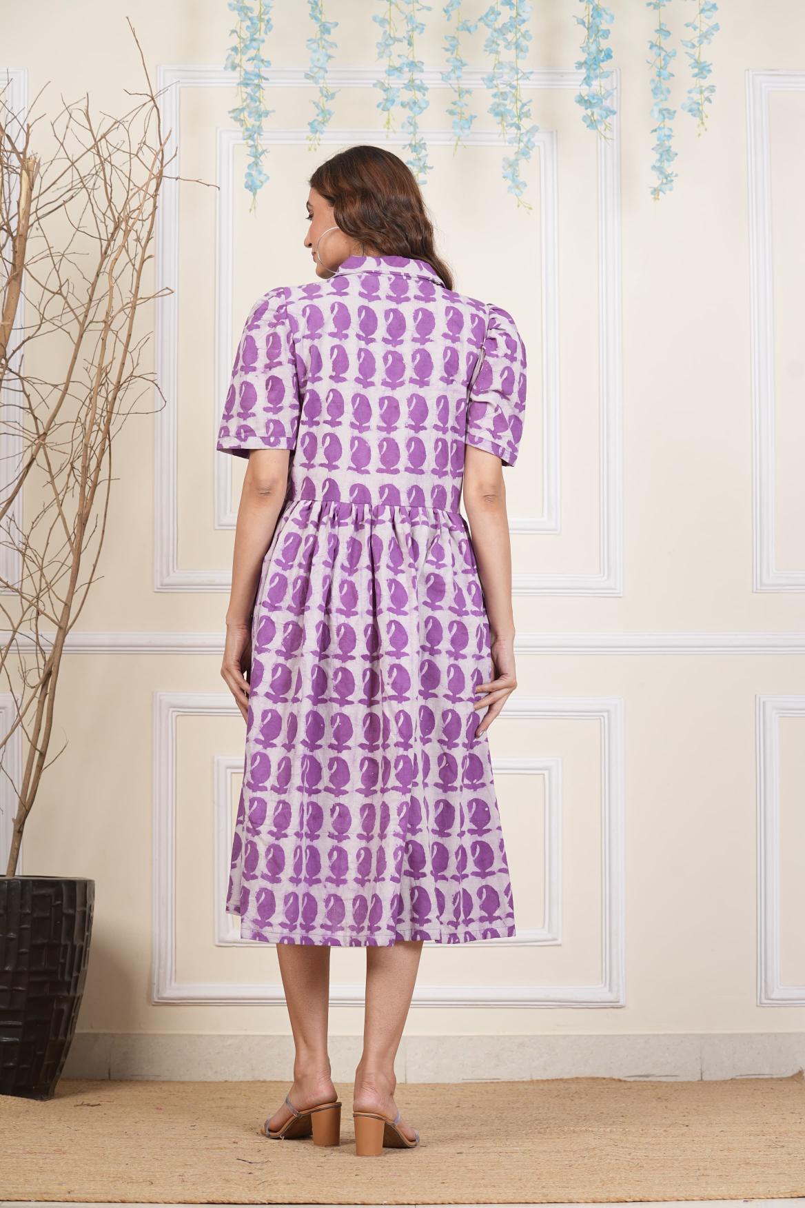 Purple Paisley Cotton dress,Feather prints, Pure cotton Dress, sustainable dresses, Hand loom dresses, Indigo dresses, Block printed Dress, Monson Dresses, Gerua dress, , feather printed Dress, Puffed sleeve dress, Matte Red cotton dress, Orange dress, Pocket dress, One piece Dress, Cotton Dress, Collar dress,, Summer dress, , Kalamkari Dress