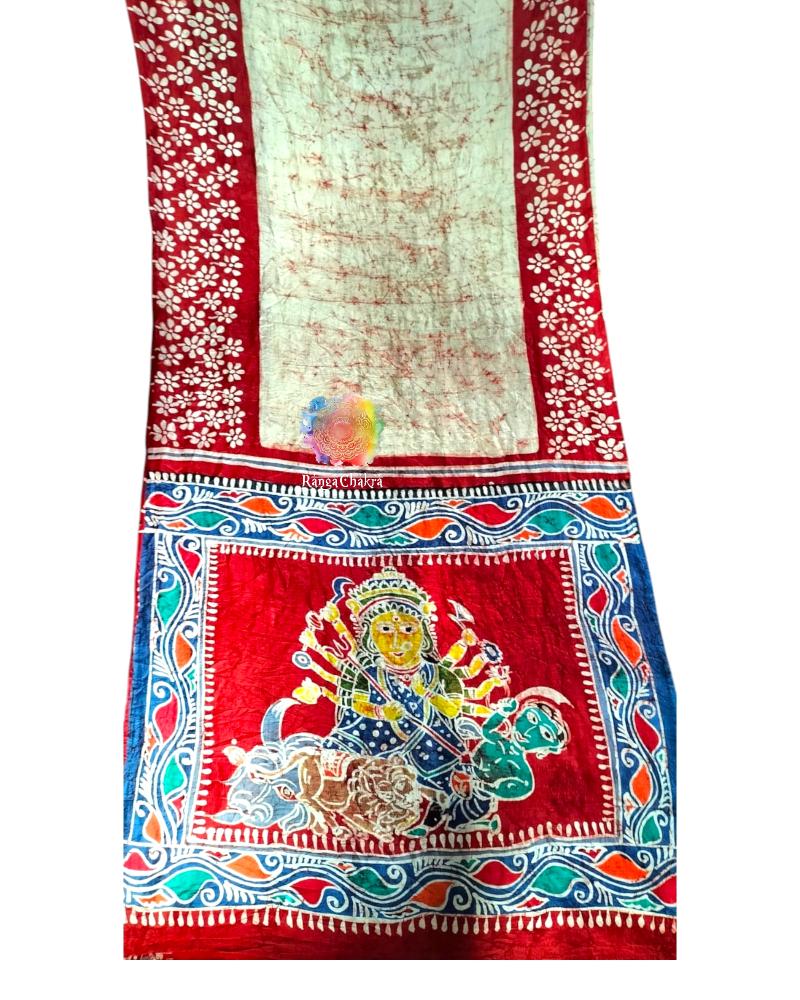 Hand Batik Silk sarees, Durga Batik Painted Saree, Hand painted Saree, Batik Painting saree, Durga Puja Saree, Handpainted Saree, sindur khela saree Handpainted