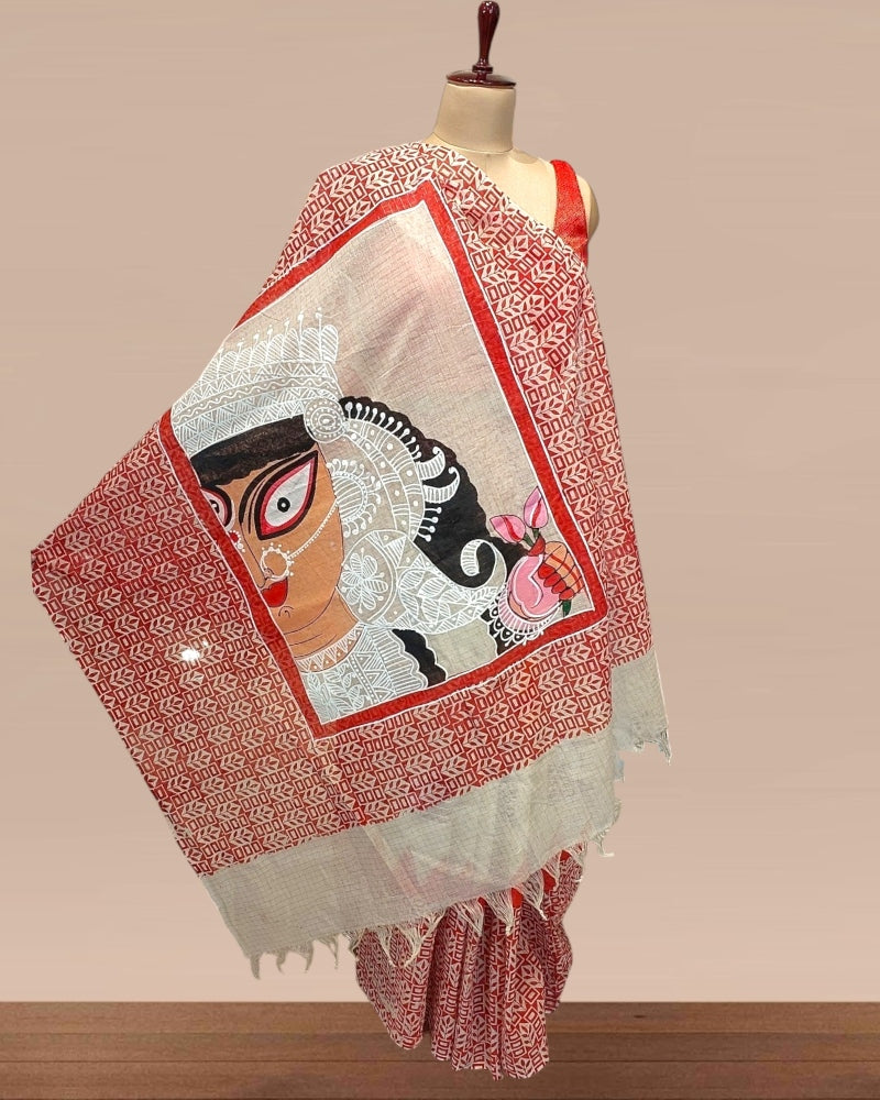 Sindur Khela Hand painted Durga Face Saree, Handpainted Durga face saree,Sindoor Khela Saree, Durga Pujo Sarees, Sada Laal Saree, Red and White Sarees, Durga Puja Sarees, Painted sarees for durga puja, Durga Face Sarees