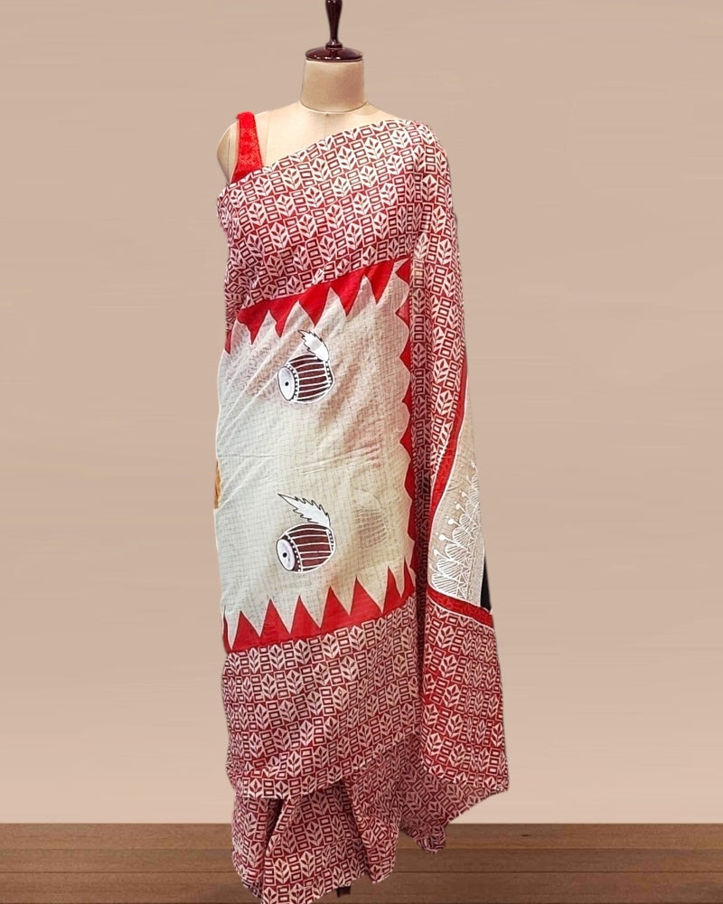 Sindur Khela Hand painted Durga Face Saree, Handpainted Durga face saree,Sindoor Khela Saree, Durga Pujo Sarees, Sada Laal Saree, Red and White Sarees, Durga Puja Sarees, Painted sarees for durga puja, Durga Face Sarees