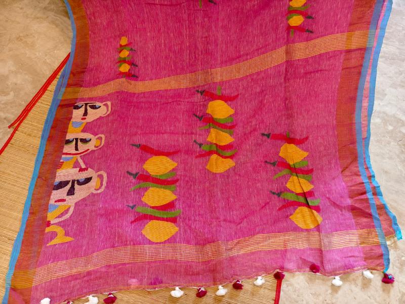 Evil Eye saree, ORGANIC linen Saree, Nimbu mirchi saree, Pink linen saree Linen jamdani saree