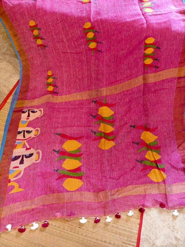 Evil Eye saree,ORGANIC linen Saree, Nimbu mirchi saree, Pink linen saree Linen jamdani saree