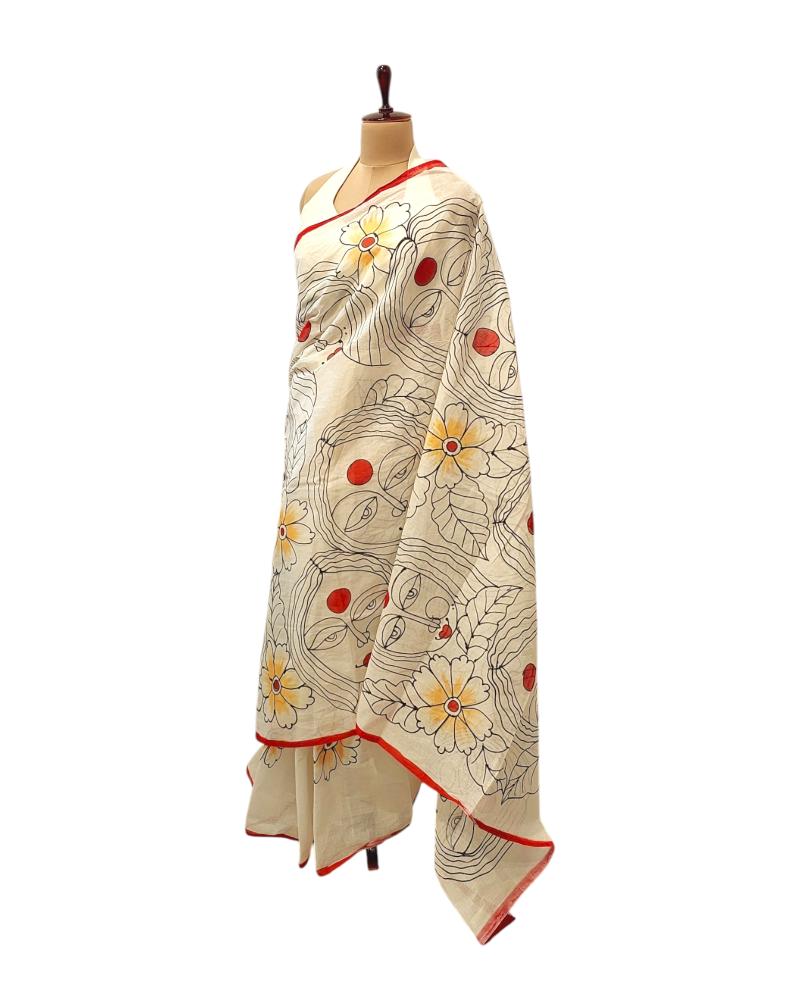 Summer Cotton Saree, Quirky Sarees, Minimalist Face saree, Cotton Sarees, Painted saree, Painting saree, Off white saree, summer white saree