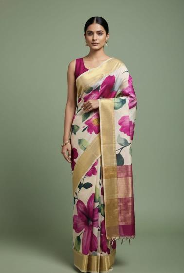 Floral Handpainted Tussar silk saree