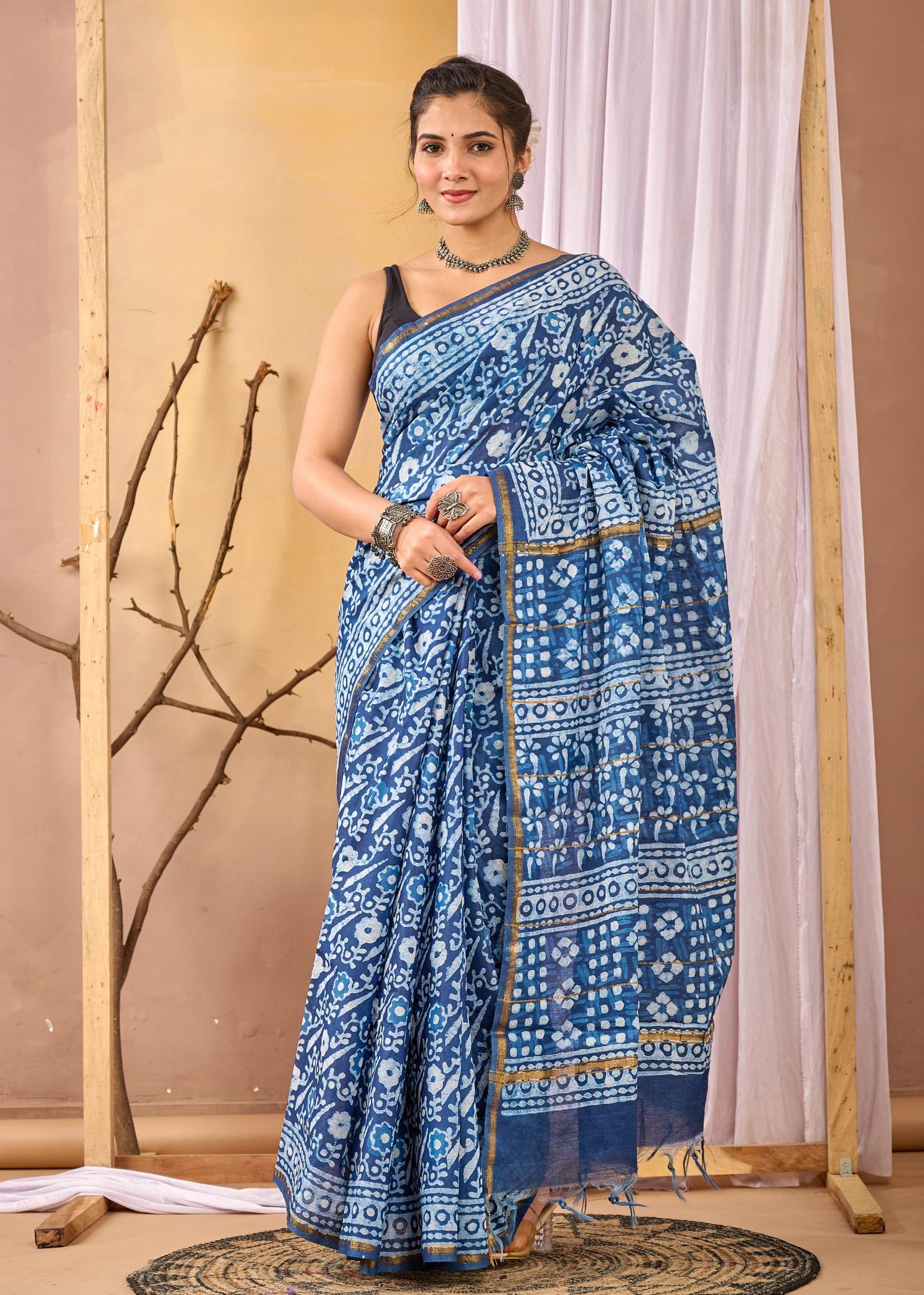 Flower Indigo Chanderi Silk Saree, Natural Chanderi Silk Saree, Indigo Chanderi Silk Saree, Indigo Sarees, Natural Indigo Sarees, Handmade Indigo Sarees, Block printed Indigo Sarees, sarees for Women, Yellow chanderi silk saree, Chanderi silk saree, Ranga chakra, Chanderi Saree, Daily wear sarees, Small printed saree, Modern Printed Saree, New designer Printed Saree, Chanderi Silk Saree with Zari Border, chanderi cotton silk saree, Handloom Pure Chanderi Silk sarees price, Blue saree