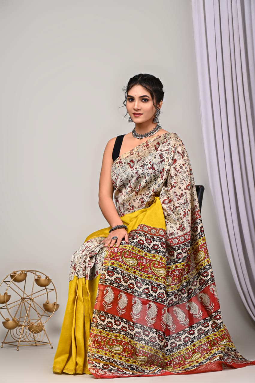 Yellow chanderi silk saree, Chanderi silk saree, Ranga chakra, Chanderi Saree, Daily wear sarees, Small printed saree, Modern Printed Saree, New designer Printed Saree, Chanderi Silk Saree with Zari Border, chanderi cotton silk saree, Handloom Pure Chanderi Silk sarees price, Yellow saree