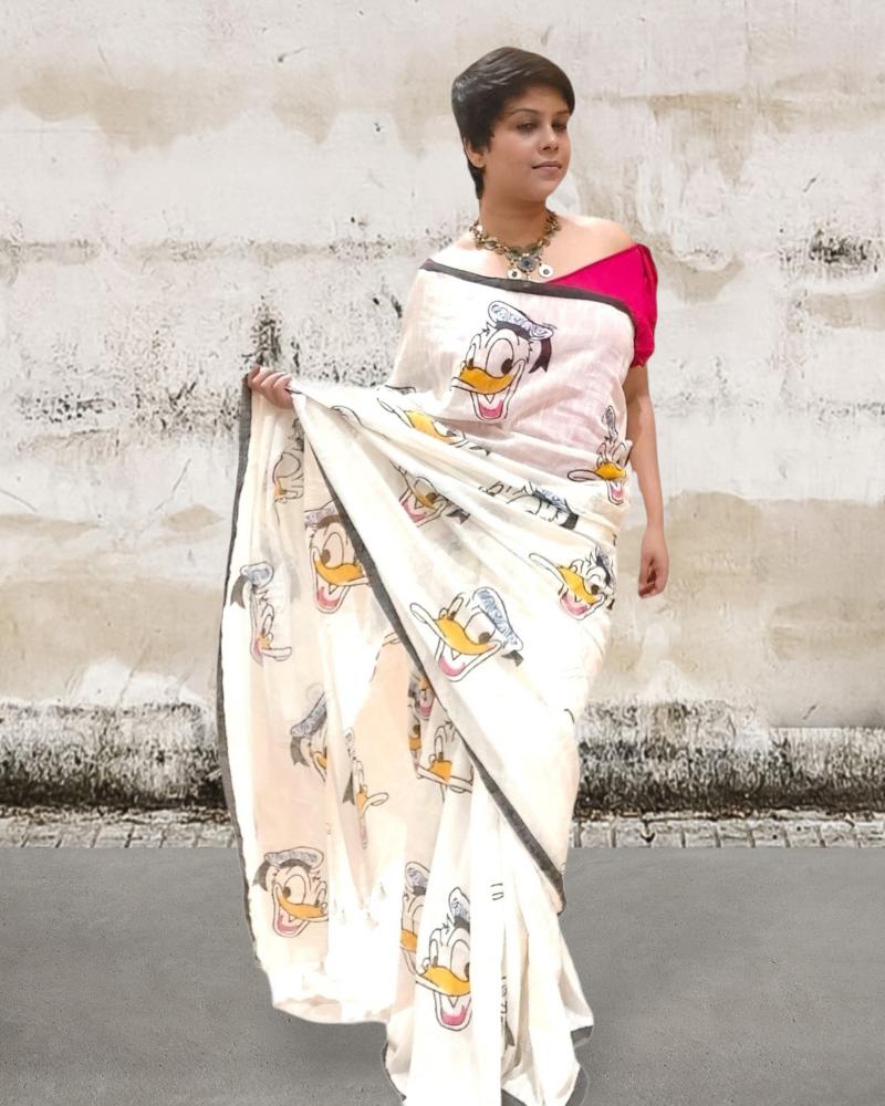 Donald Duck Saree, Quirky Saree, Handloom saree, Sarees for women, Off white saree, Cartoon print Saree, Handblock print saree