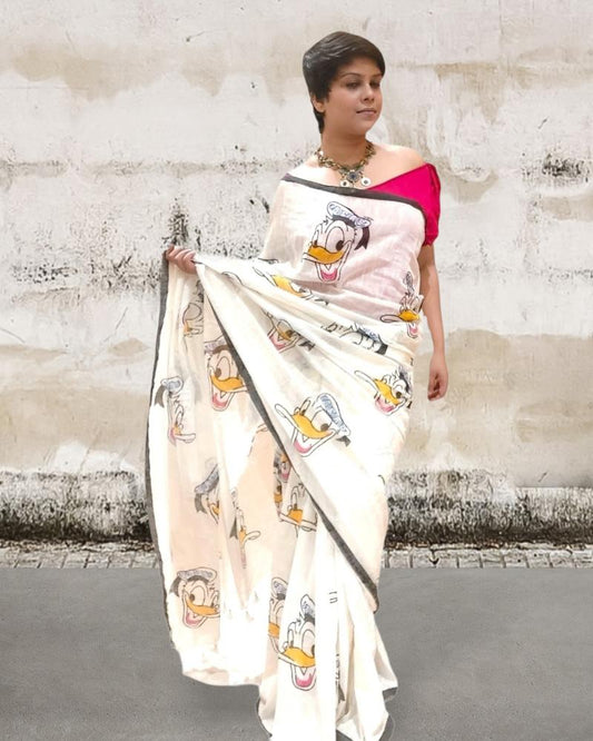 Donald Duck Saree, Quirky Saree, Handloom saree, Sarees for women, Off white saree, Cartoon print Saree, Handblock print saree
