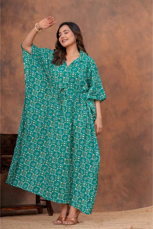 Shop mul mul cotton kaftans for daily wear. Super soft pure cotton long kaftans in floral prints for you.