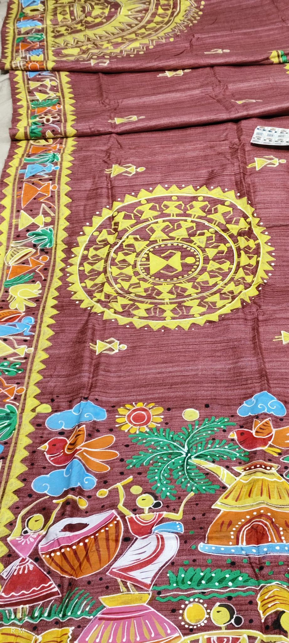 Warli Painting Tussar Silk Saree, Painted sarees, Warli Folk Painting saree, Warli Art sarees, Pure Silk saree, Saree for women