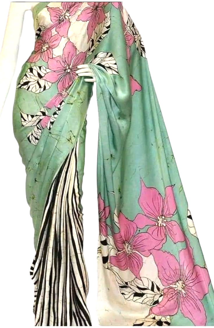 Hand-painted batik silk saree in mint green with pink floral design and black and white striped detail. Batik Floral Pure Silk Saree