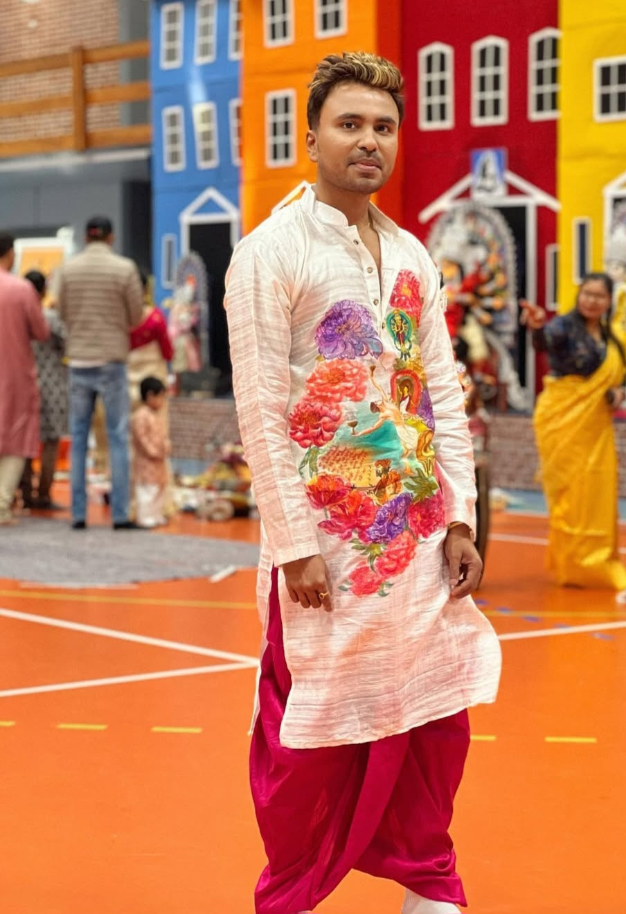 Durga Puja Kurta, Mens handpainted kurta, Handpainted durga Kurta