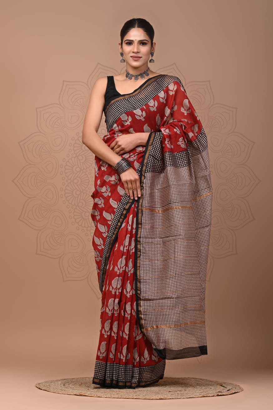 Rusted Orange Chanderi Silk saree, Brick Red Chanderi Silk saree