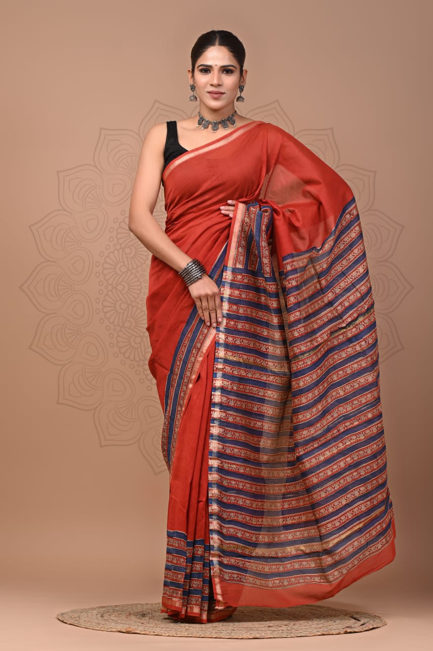 Rusted Orange Chanderi Silk saree, Brick Red Chanderi Silk saree