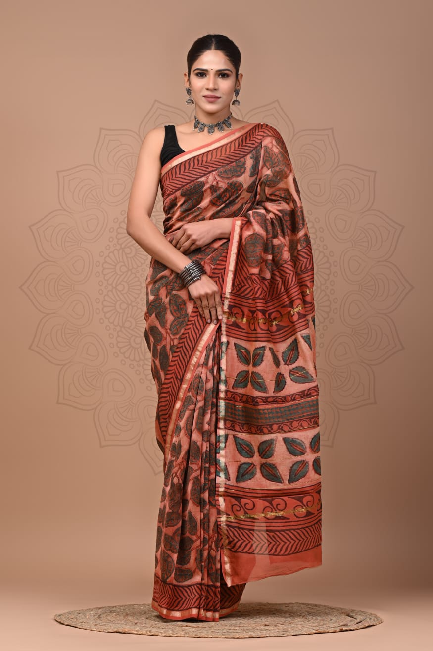 Rusted Orange Chanderi Silk saree, Brick Red Chanderi Silk saree