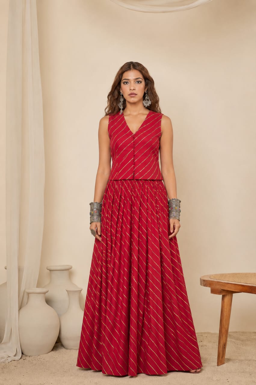 Red Leheriya Cotton Co-Ord Set | Handcrafted Skirt & Vest Set