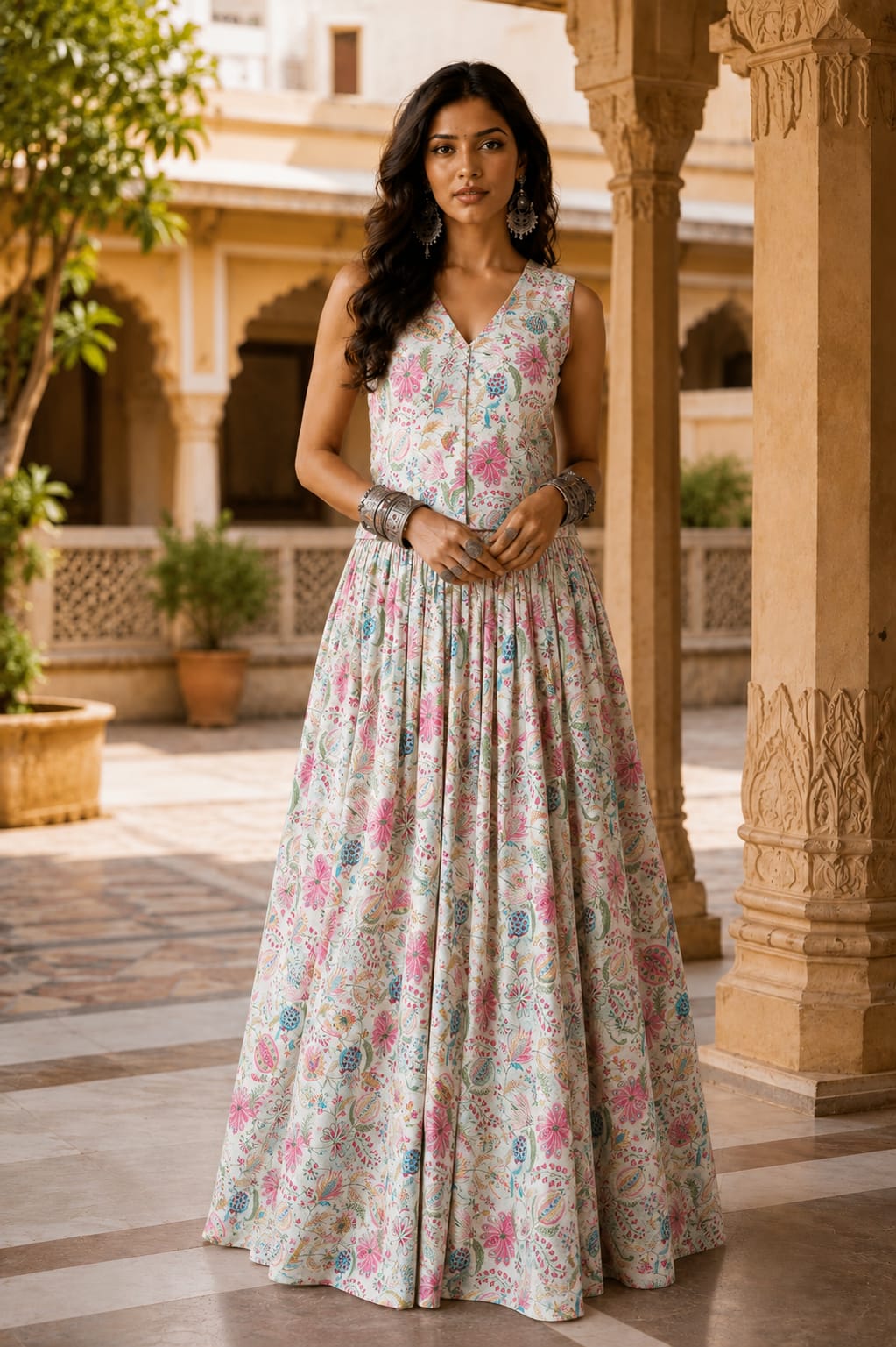 White Floral Cotton Co-Ord Set | Handcrafted Skirt & Vest Set