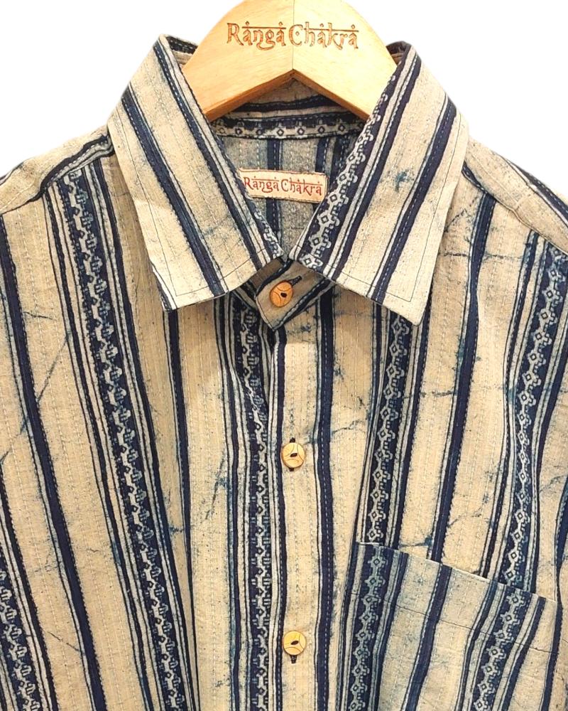 Indigo Shirts, Men shirt, Indigo Kantha Mens Shirt, Striped Shirts, Relaxed fit Natural Dye Shirt, Summer Shirts, Beach Wear Mens shirt, Vacay Wear Mens S, men's cotton shirt, Indigo Striped Shirt