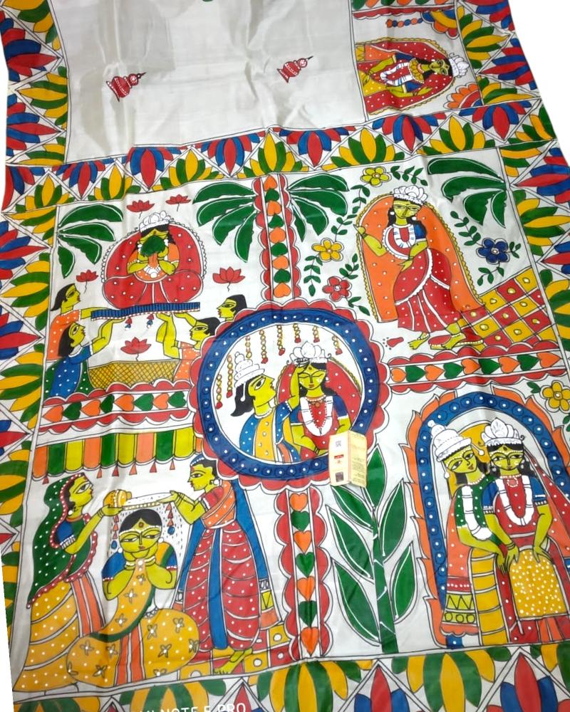 Kalighat Pattachitra Style painting saree, Gaye Holud Saree, painted sarees, hand painting sarees, painting sarees online, hand painted floral sarees, painting saree, floral hand painted saree, painted saree, designer hand painted sarees, hand painted sarees india, hand painted silk sarees