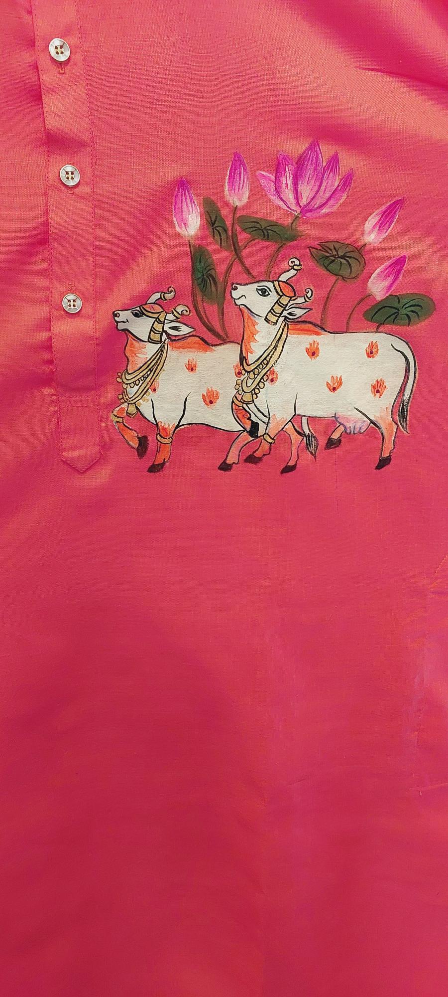 Pichwai Mens Kurta, Pichwai Kurta, Mens Handpainted Kurta, Handpainted Mens Kurta, Painted Kurta, Painting Kurta Mens, Ethnic Menswear, Pichwai Cow Painted Kurta