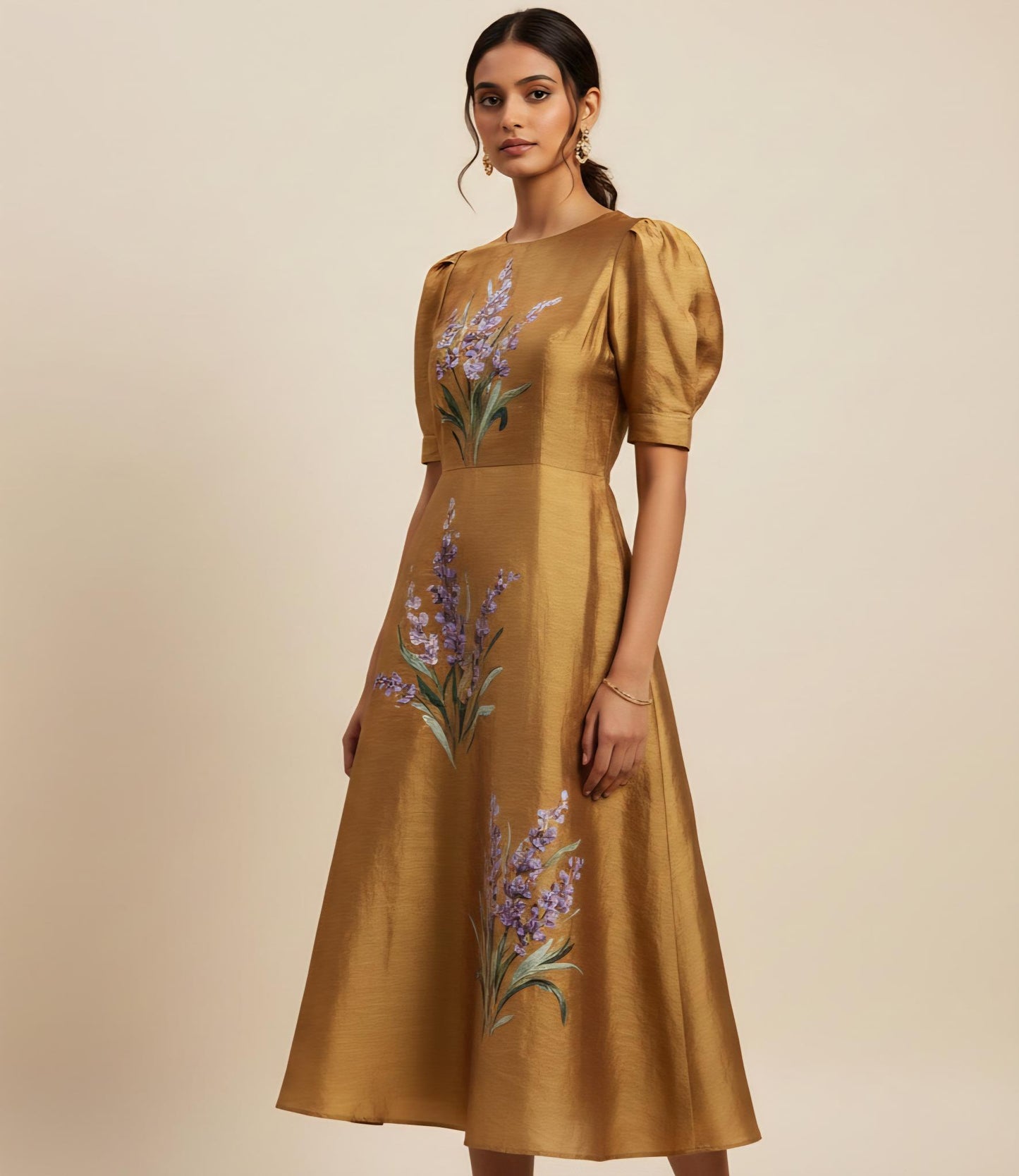 Hand-painted silk dress, Antique gold midi dress, Lavender floral dress, Artisan fashion, Sustainable luxury, Puff sleeve occasion dress, Botanical print clothing, Wearable art, Wedding guest dress gold, Unique designer dress.