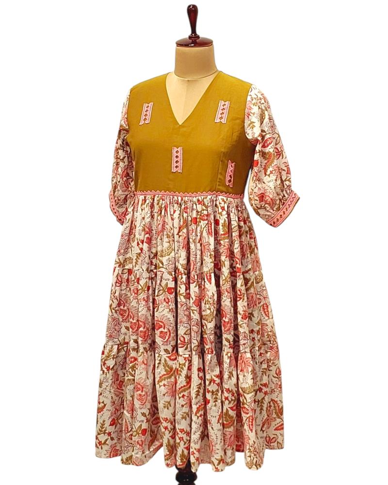 Frill Layered Olive and baby Pink Mul Mul cotton Dress Calf Length with Balloon Sleeves, Summer dress, Sun Dress, Batik Dress, Turquoise Dress, Spaghetti Maxi dress, Spaghetti strap Batik Dress, Batik painted dress, Pure cotton batik dress, Summer Maxi Dresses, Dress for women, Cotton lace Dress, Spring Dress,  Adjustable strap dress, Ranga Chakra, Custom fit dress, Casual summer dresses, Handpainted Dress, Wax Batik dress, Sea life Dress, wax Batik Painting dress