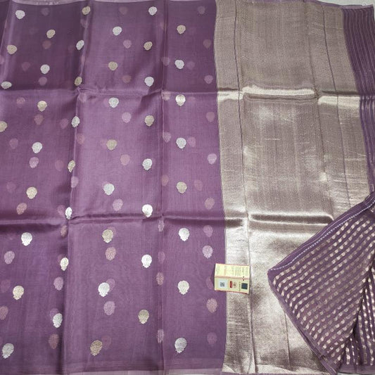 Lilac Saree, Lilac Organza Silk Saree, Organza Silk Sarees, Organza Silk saree, Pure Organza Silk saree, Striped Organza silk saree, Raw mango