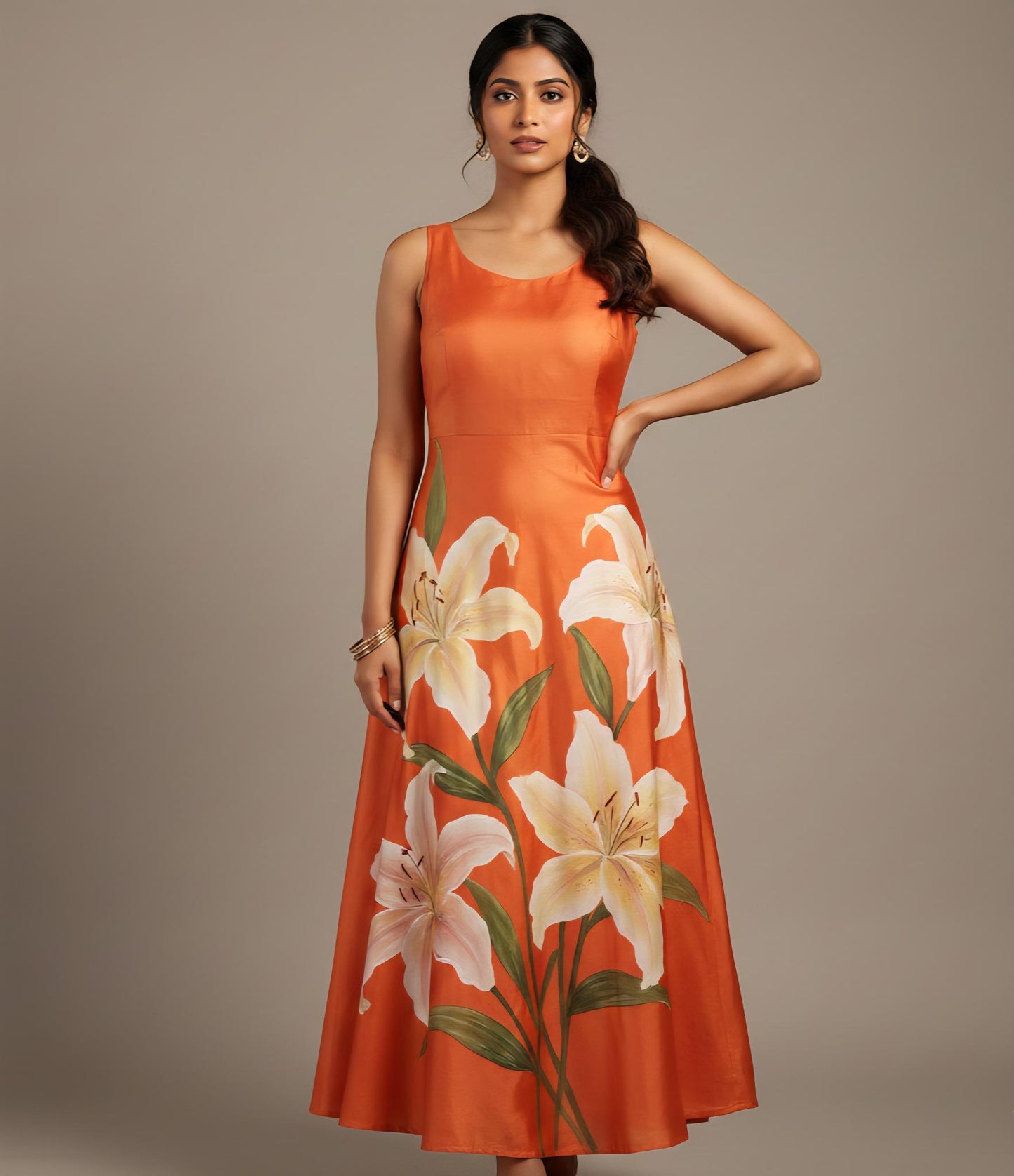 Hand-painted dress, Floral maxi dress, Lily flower dress, Orange summer dress, Artisan clothing
Hand-painted floral gown for wedding guest, Sleeveless orange A-line dress, Botanical print maxi dress, Artistic fashion for women, Unique floral party wear.