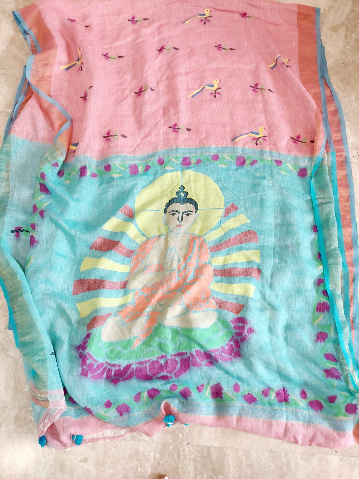 Handwoven Linen Jamdani Saree, Buddha linen jamdani sarees, Pure linen Sarees, Bengal Jamdani Saree, Patel sarees, Ranga Chakra, Jamdani saree for summer, Bengal loom saree, Linen saree for summer, Summer pastel sarees, Light shade sarees, Pink Linen saree