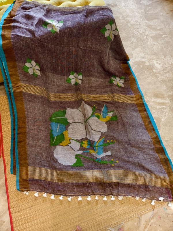 Linen Hibiscus saree
