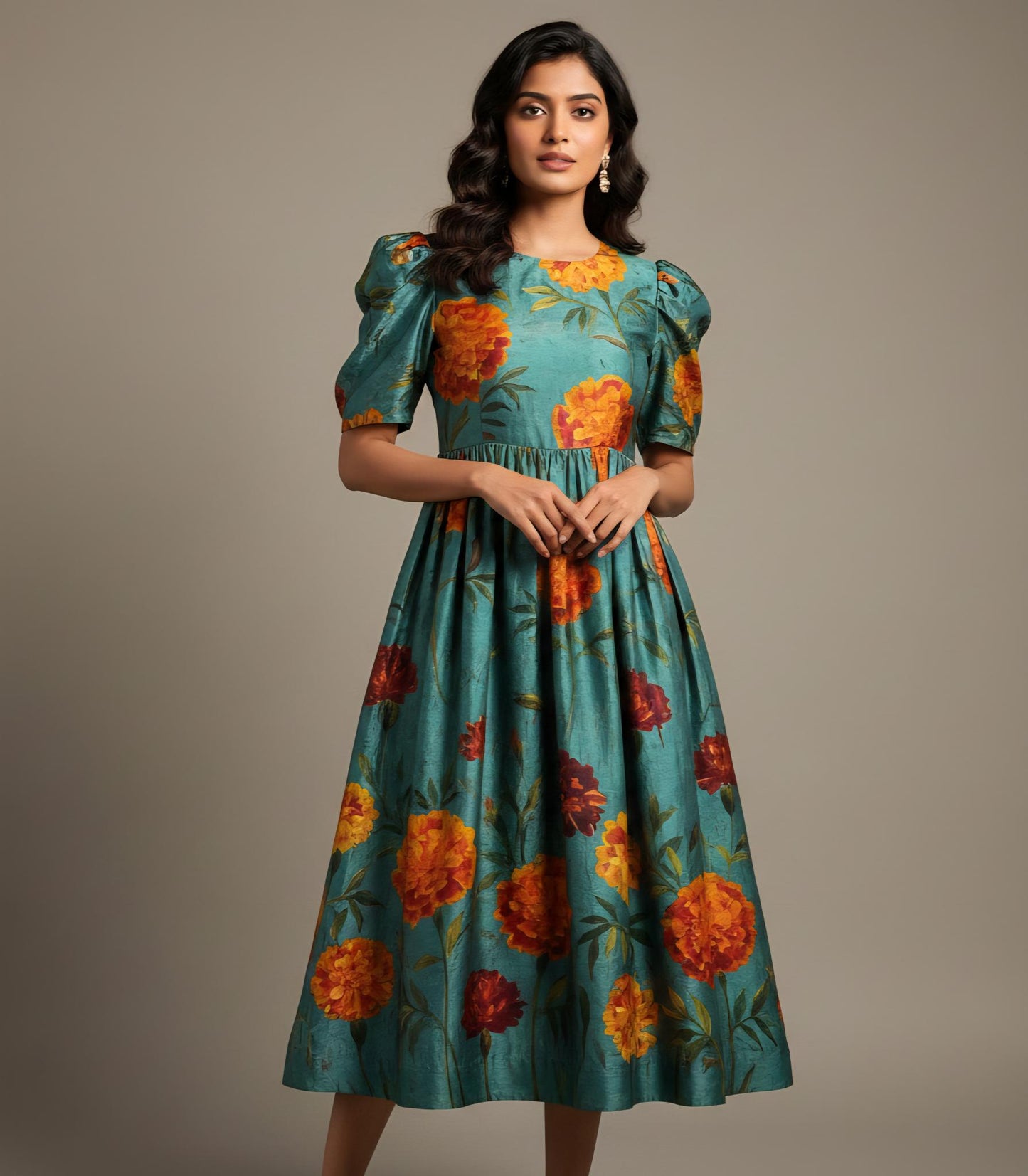 Woman wearing teal midi dress with hand-painted orange marigold flowers and puff sleeves.