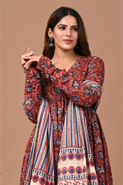 Maroon cotton Anarkali Suit