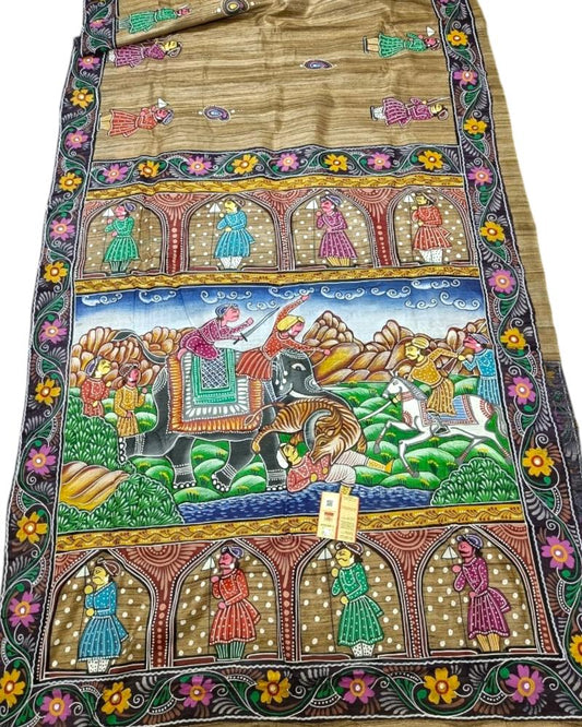 Mughal Painting Tussar Ghicha silk Saree, Handpainted Silk saree, Mughal Theme Handpainted saree, Mughal saree