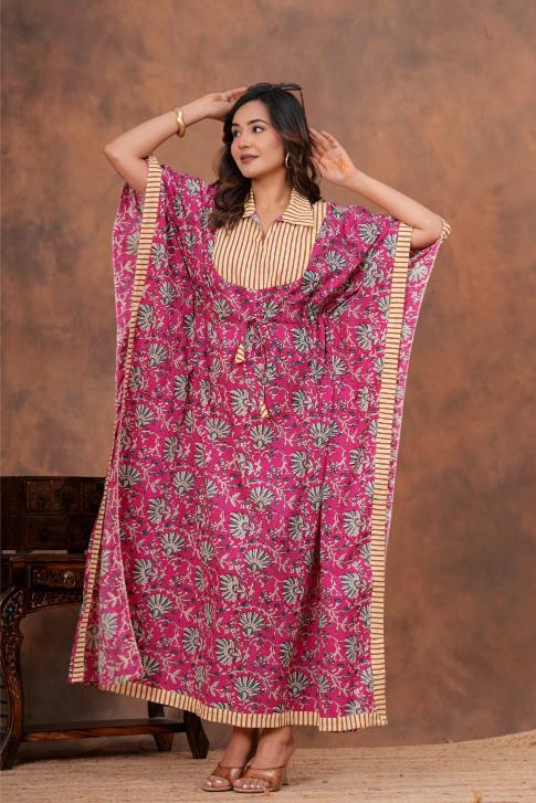 Shop mul mul cotton collarred kaftans for daily wear. Super soft pure cotton long kaftans in floral prints for you.