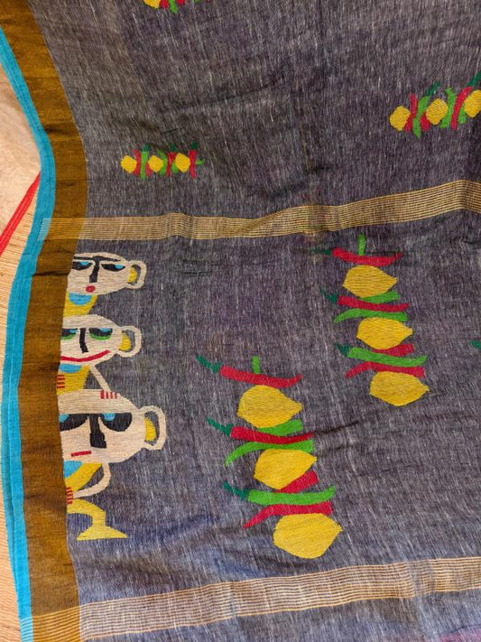 Nimbu Mirchi saree, ORGANIC linen Saree, Nimbu mirchi saree, Pink linen saree Linen jamdani saree