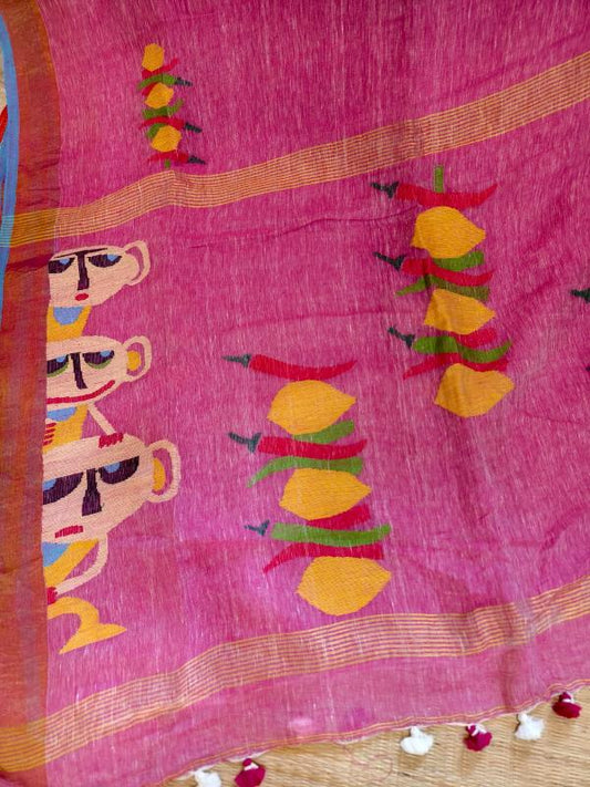 ORGANIC linen Saree, Nimbu mirchi saree, Pink linen saree Linen jamdani saree