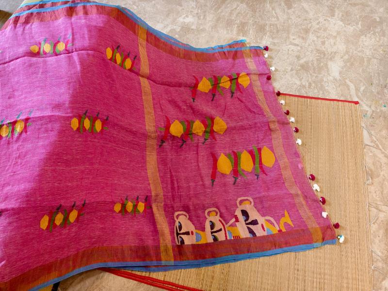 Nimbu Mirchi saree, ORGANIC linen Saree, Nimbu mirchi saree, Pink linen saree Linen jamdani saree
