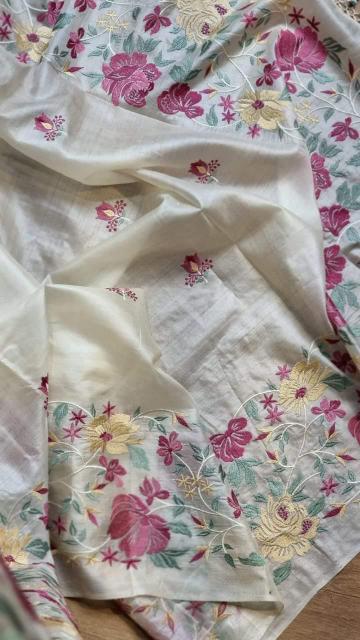 Tussar silk embroidered saree, Indian Wedding Silk saree, Hand Embroidered saree, Handmade saree, Tussar silk saree,  Tussar Floral Embroidered saree, Floral embroidered saree
