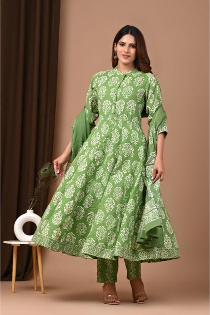 Olive Green cotton Anarkali Suit