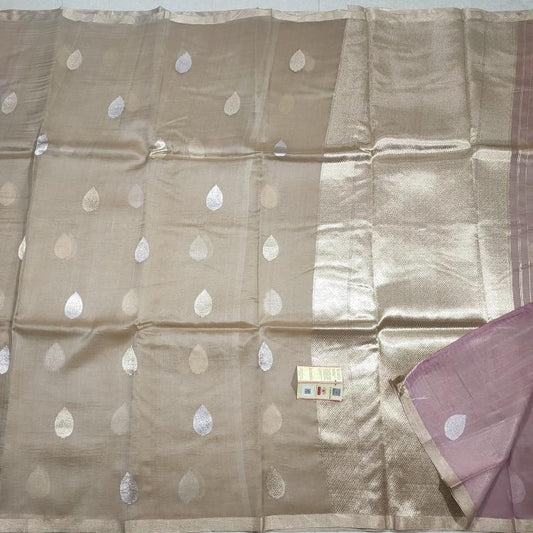 Chalk Beige Organza Silk Saree, Chalk Beige saree, Durga Puja Sarees, Organza Silk Sarees