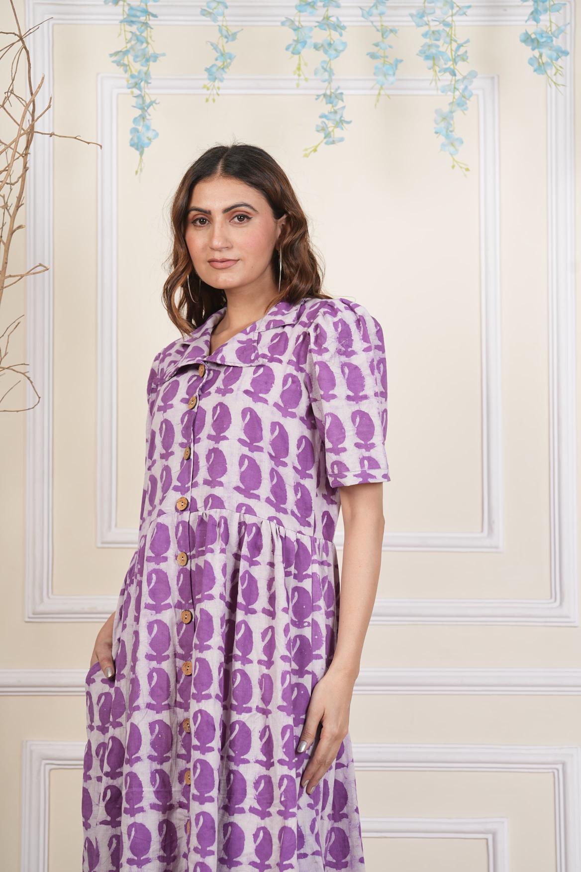 Purple Paisley Cotton dress,Feather prints, Pure cotton Dress, sustainable dresses, Hand loom dresses, Indigo dresses, Block printed Dress, Monson Dresses, Gerua dress, , feather printed Dress, Puffed sleeve dress, Matte Red cotton dress, Orange dress, Pocket dress, One piece Dress, Cotton Dress, Collar dress,, Summer dress, , Kalamkari Dress