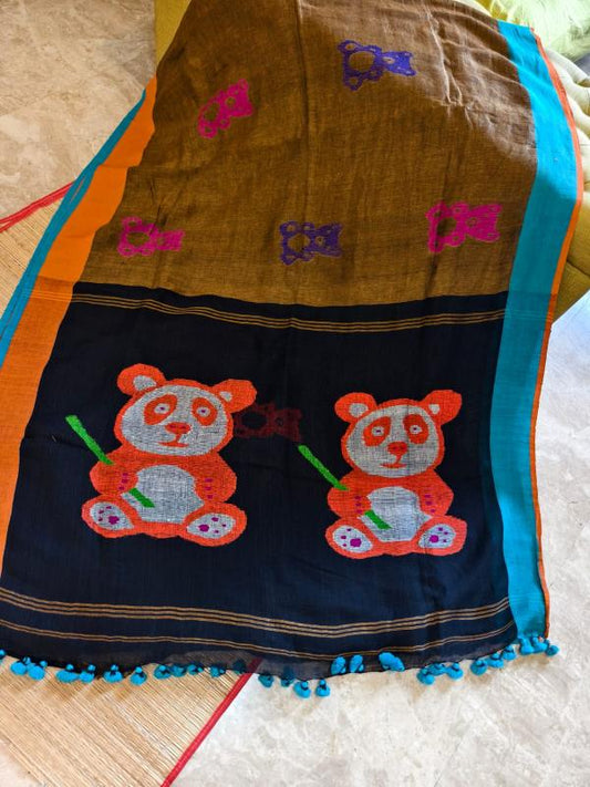 Panda bear Sarees, Quirky Linen Saree, Teddy saree, Linen Jamdani Saree