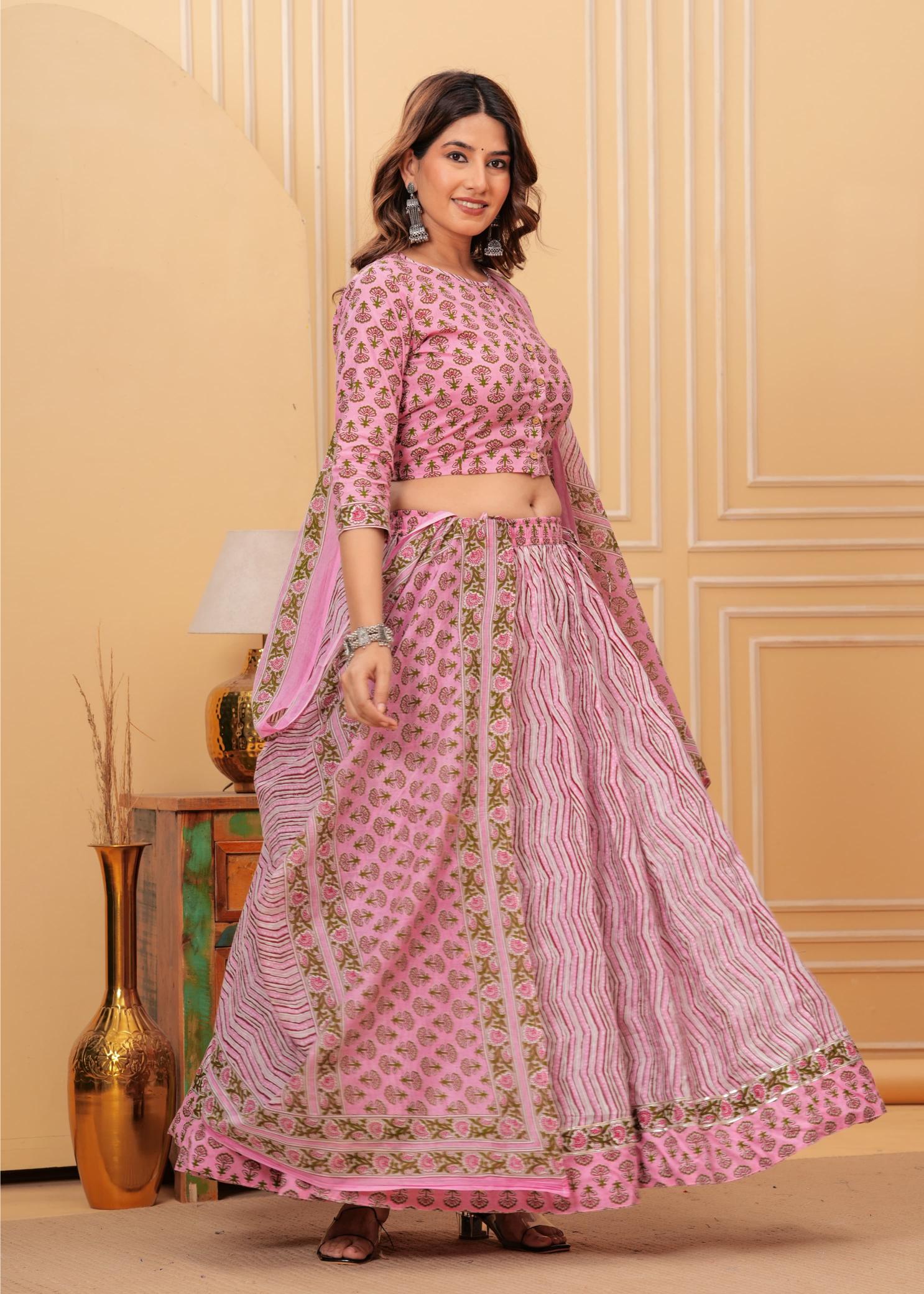 Pink Lehenga Set, pink pastel Lehenga,  Navratri Lehenga sets, Navratra Lehenga, Ranga Chakra,  Pure cotton Lehenga, Festive Special Lehenga, Durga Puja Lehenga collection